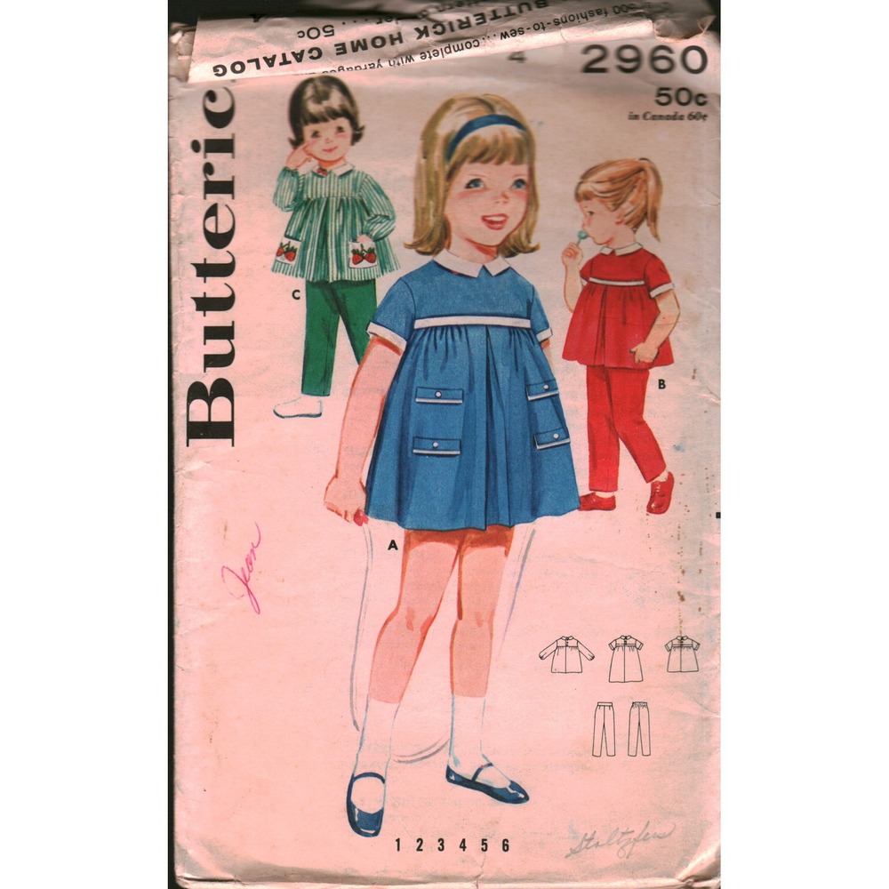 Vintage Butterick 2960 Girls Dress Smock Pants Sewing Pattern Size 4 MCM 1960s